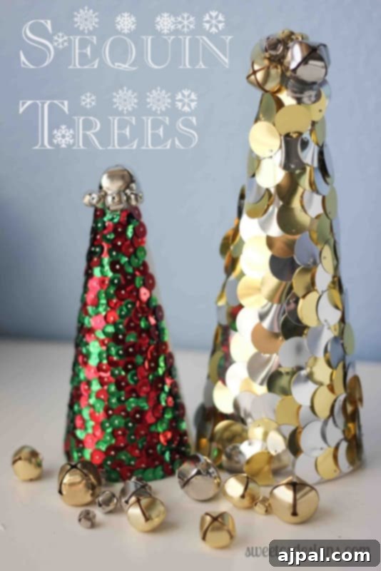 Sparkling Sequin Trees - Easy DIY Christmas Decor Beautiful sequin Christmas trees adorned with bells and sequins, sparkling brightly on a festive display.