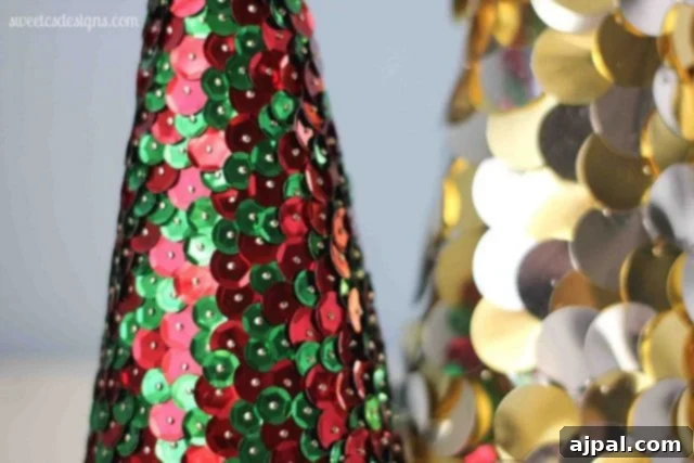 Detailed Sequin Tree Craft Close-up of a handmade sequin-covered Christmas tree, showcasing intricate detail and sparkling effect.
