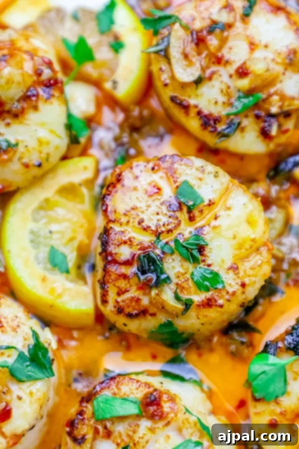Golden-brown pan-seared Thai chili scallops in a rich sauce, garnished with fresh lemon wedges and vibrant Thai basil.