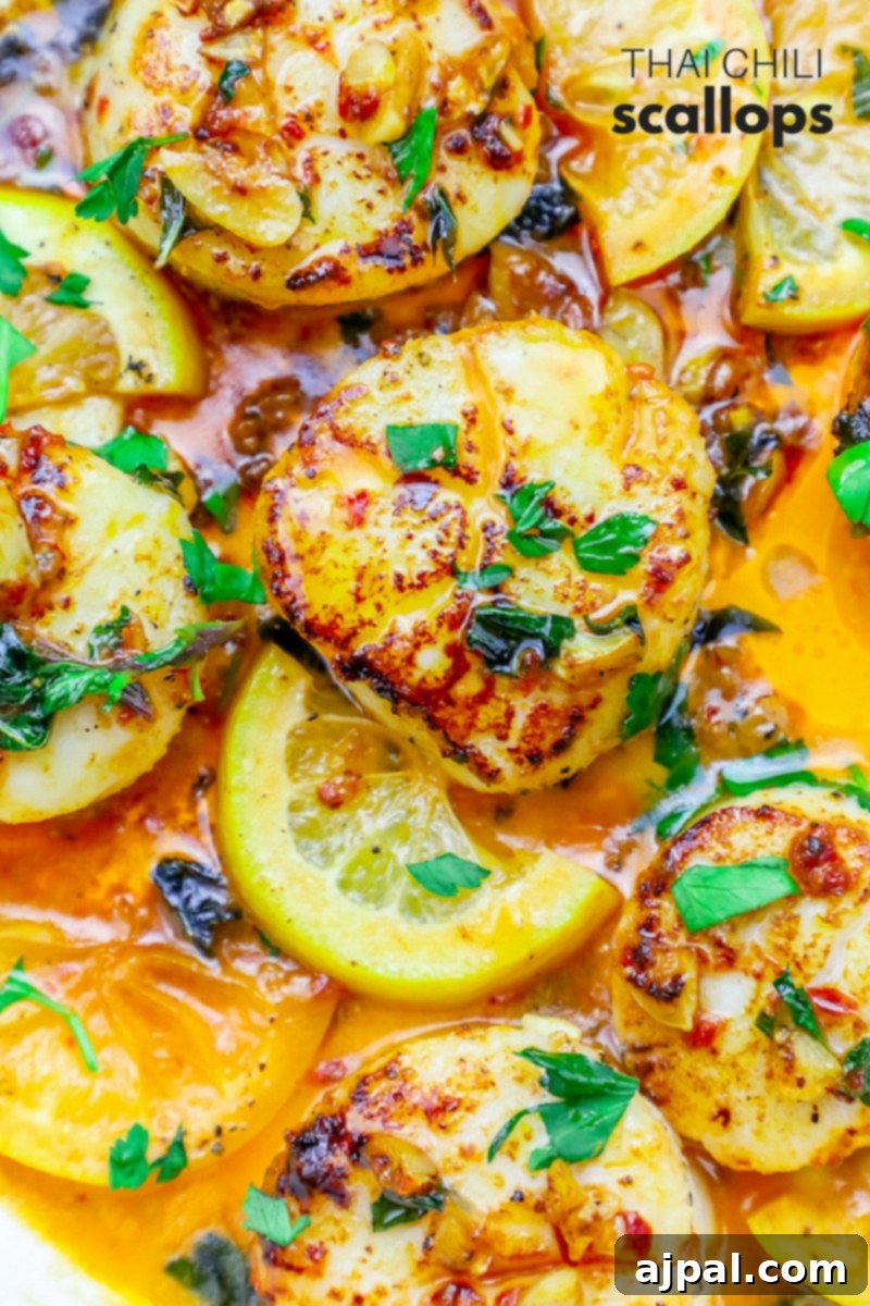 Spicy Thai scallops in lemon sauce, garnished with fresh herbs and served on a white plate, showcasing a keto-friendly seafood dinner.