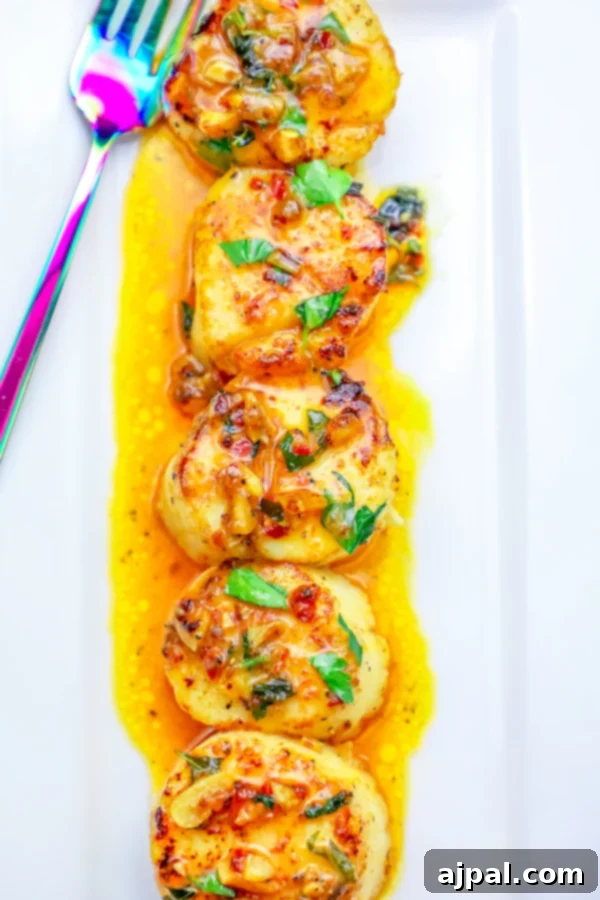 A beautifully plated dish of five Thai chili scallops, bathed in a vibrant Thai basil and lemon sauce, ready as a quick 10-minute dinner.