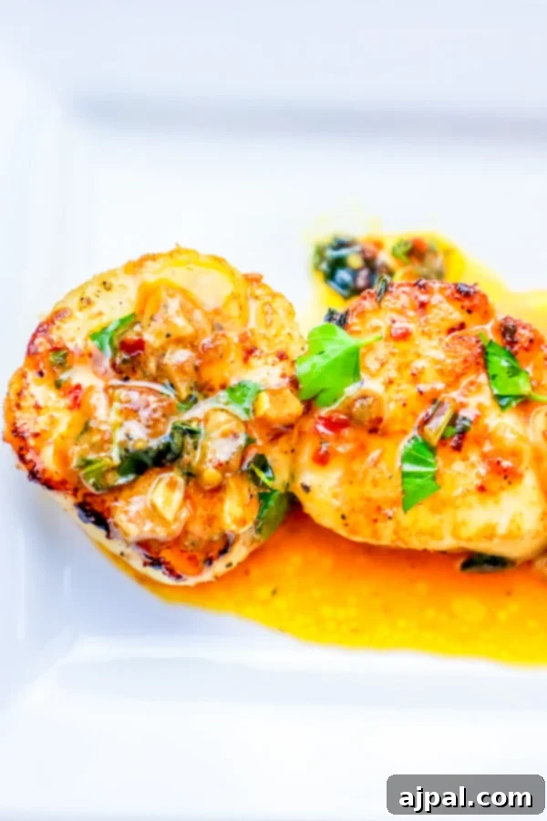 Up-close shot of an easy Thai scallop dinner with pan-seared scallops, vibrant Thai basil, aromatic garlic, and a rich lemon chili butter sauce.