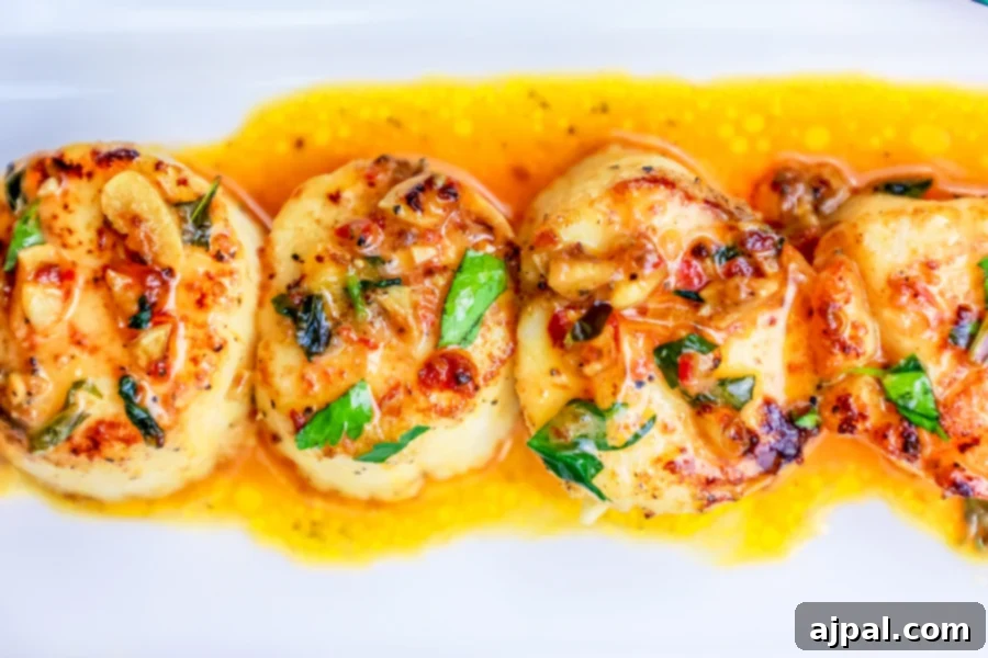 A close-up of a delightful scallop dinner in a rich Thai chili sauce, served on a white plate, showcasing an easy and elegant seafood meal.