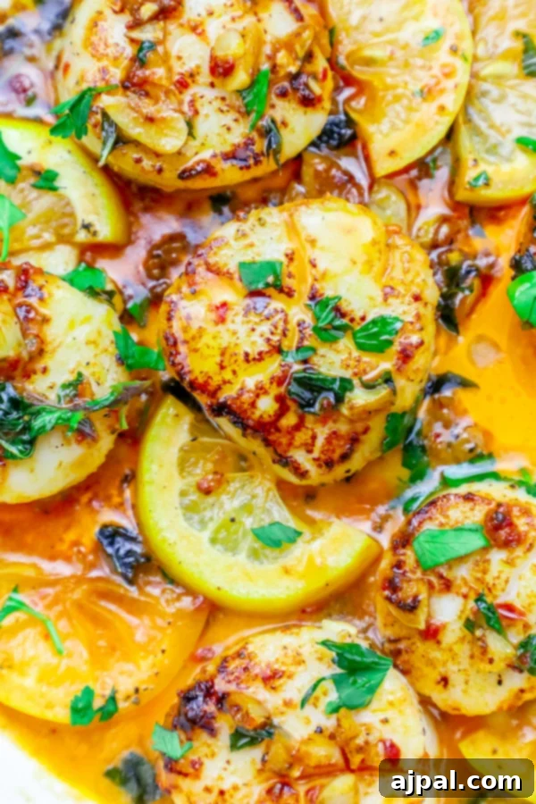 Three seared scallops, elegantly plated, topped with chopped cilantro and a vibrant chili sauce, alongside fresh lemon slices, highlighting the quick and easy recipe.