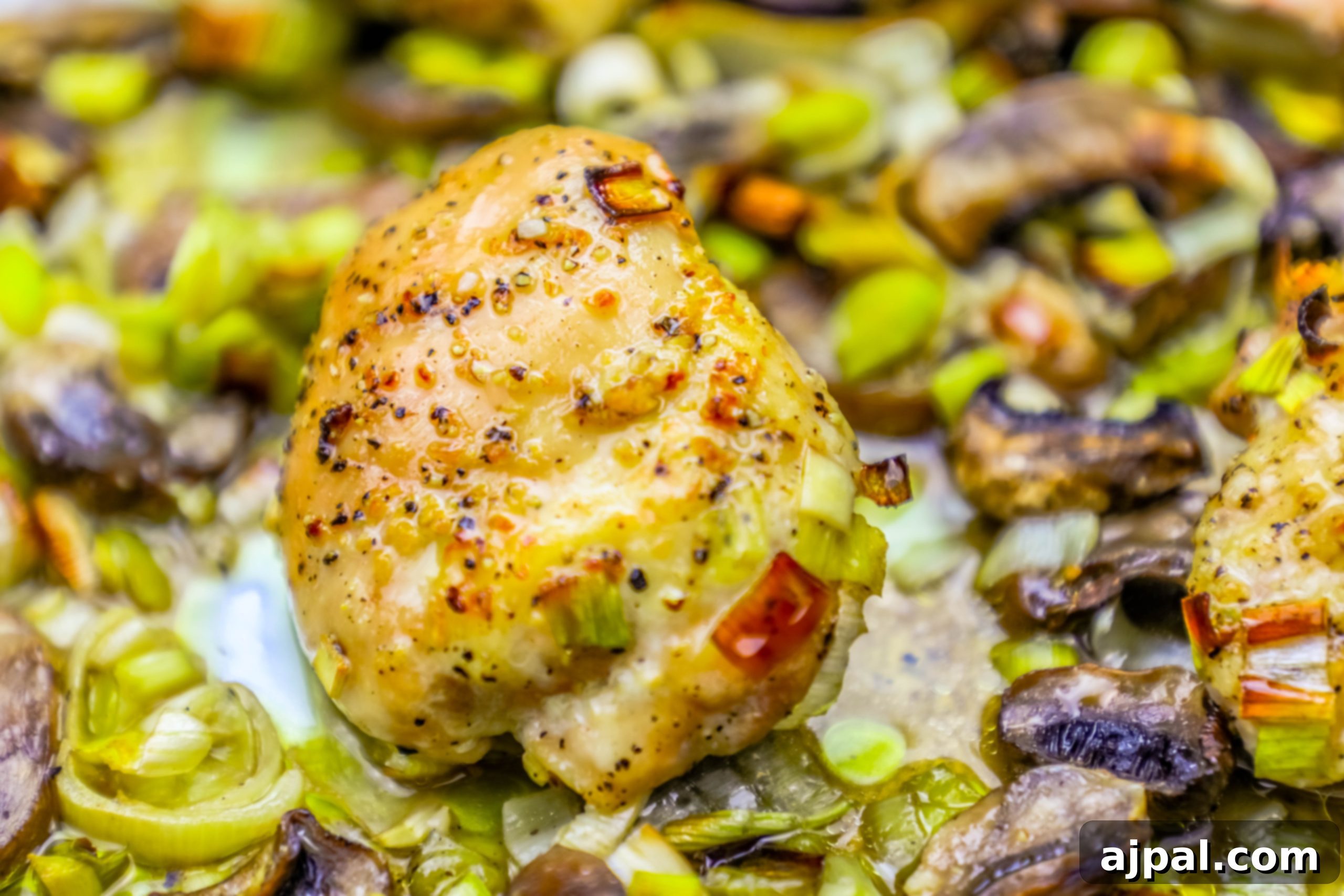 Chicken with mushrooms and leeks pan recipe Close-up of roasted chicken, sliced leeks, and mushrooms on a sheet pan, seasoned and ready for the oven.