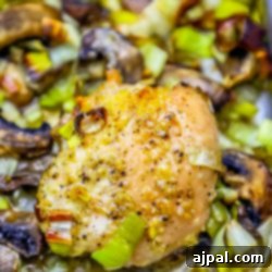 Chicken thigh with seasoning, leeks and mushrooms in the background