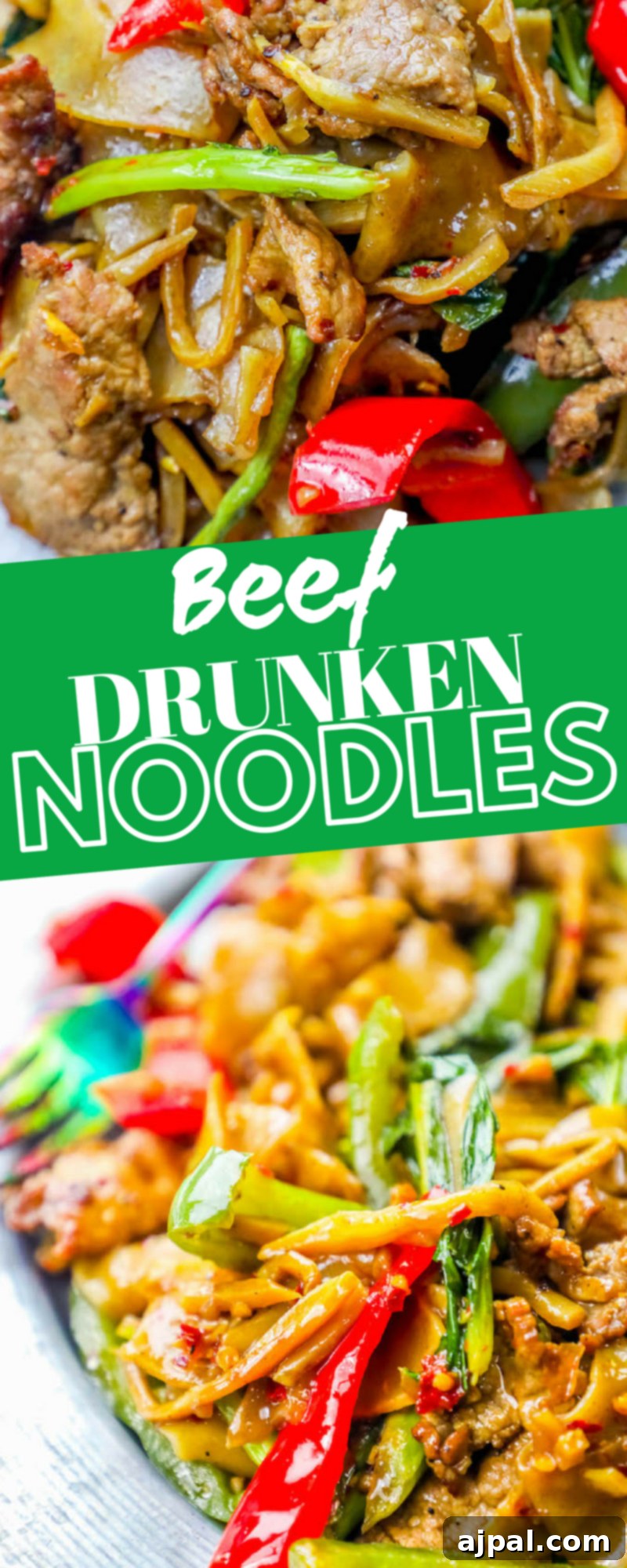 Effortless One Pot Beef Drunken Noodles 8 A visually stunning, vertical shot of Beef Drunken Noodles presented in a clean white bowl, featuring perfectly cooked wide noodles, tender beef, and vibrant garnishes.