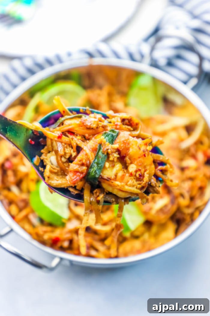 Effortless Chicken and Shrimp Pad Thai 5 A spoon overflowing with savory chicken and shrimp Pad Thai noodles, highlighting the rich texture and vibrant colors of the dish.