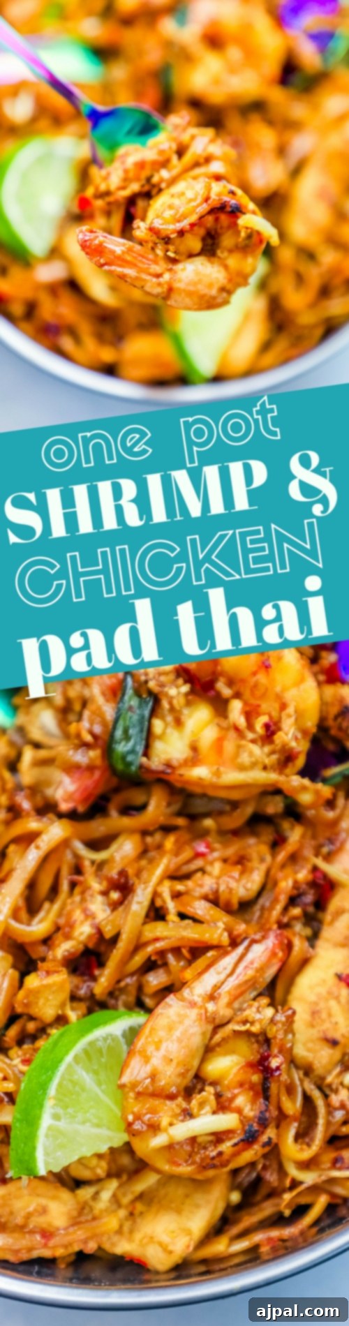 Effortless Chicken and Shrimp Pad Thai 7 A vibrant and appetizing close-up of a single-serving plate of chicken and shrimp Pad Thai noodles, garnished with fresh herbs and peanuts.