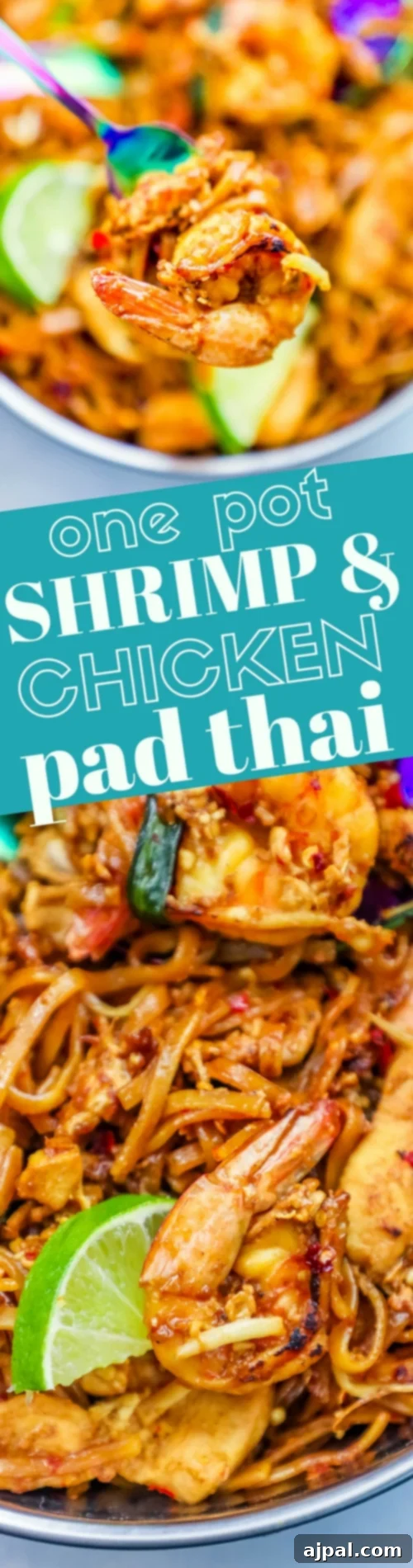 Effortless Chicken and Shrimp Pad Thai Noodles 7 A captivating overhead shot of a vibrant one-pot shrimp and chicken pad thai recipe, showcasing perfectly cooked noodles, succulent proteins, and colorful garnishes.