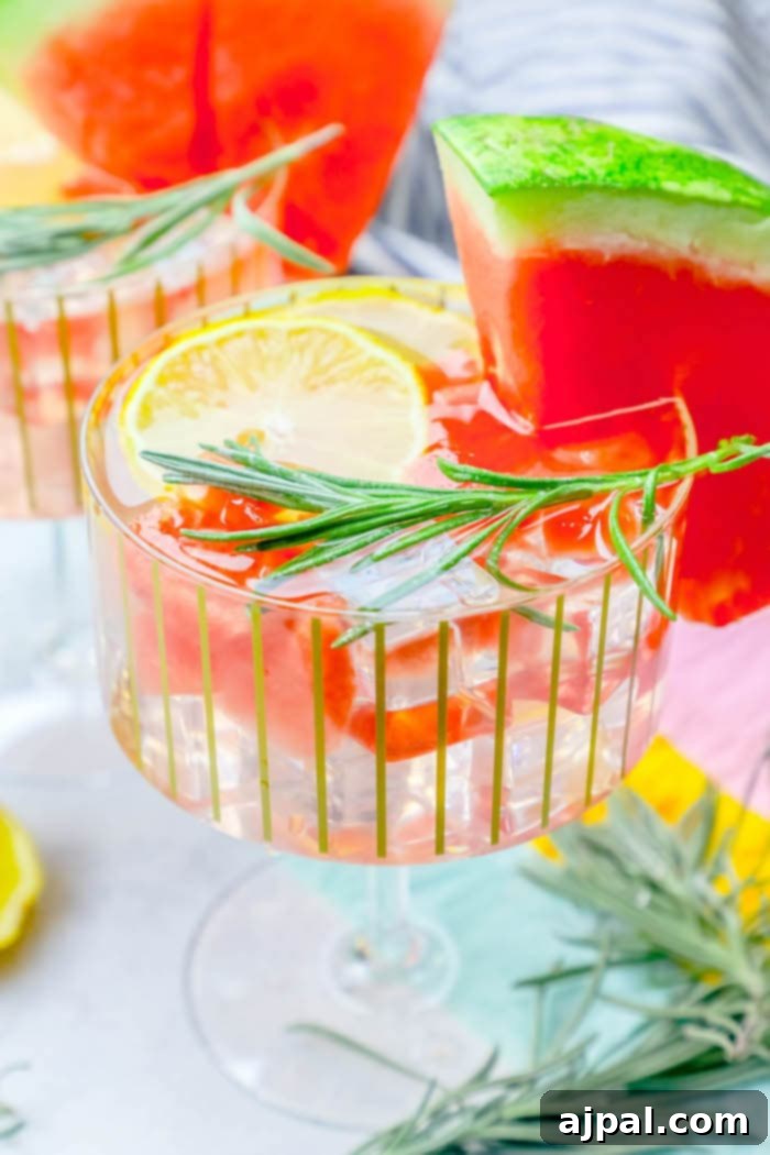 Spiked Watermelon Rosemary Lemonade 2 A refreshing glass of Rosemary Watermelon Lemonade Vodka Cocktail, garnished with lemon slices, watermelon, and fresh rosemary sprigs, perfect for summer.