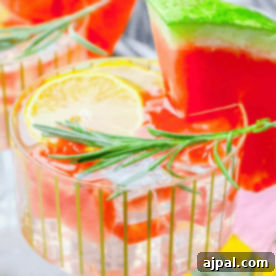 A glass of refreshing watermelon mocktail lemonade is served with a lemon wedge, a watermelon slice, and a sprig of rosemary for garnish.