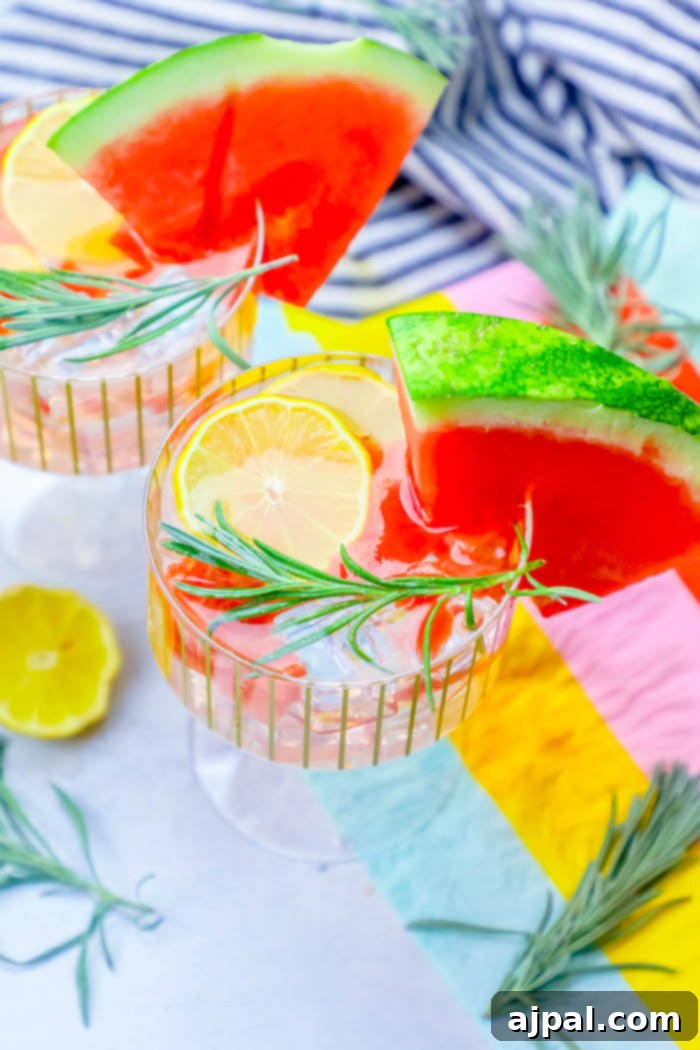 Spiked Watermelon Rosemary Lemonade 4 A refreshing watermelon cocktail, elegantly garnished with lemon slices and rosemary sprigs, sits on a surface, inviting a taste of summer relaxation.