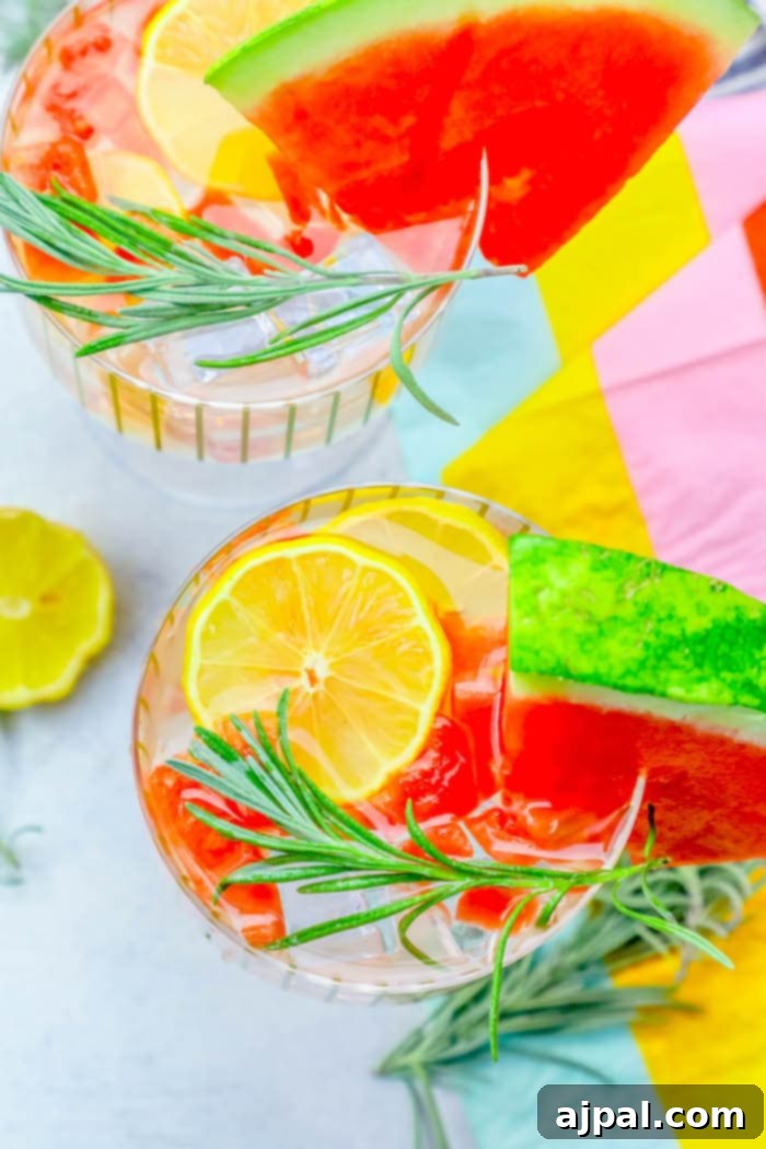 Spiked Watermelon Rosemary Lemonade 5 A refreshing glass of watermelon lemonade, garnished with fresh rosemary sprigs and lemon slices, ready to be enjoyed.