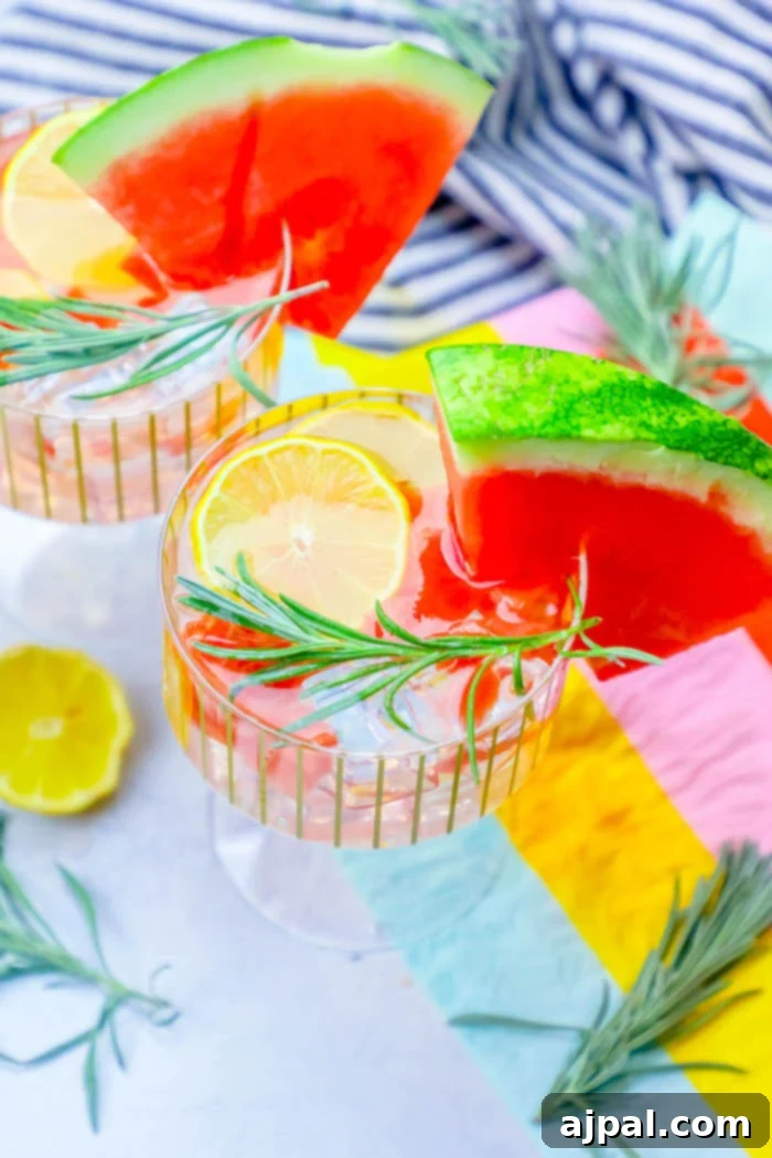 Spiked Watermelon Rosemary Lemonade 6 A refreshing watermelon cocktail, elegantly garnished with lemon slices and rosemary sprigs, sits on a surface, inviting a taste of summer relaxation.