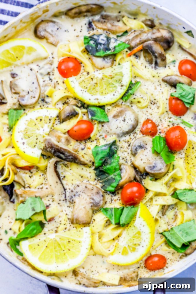 Silky One-Pot Tuscan Mushroom Linguine 7 One Pot Creamy Tuscan Mushroom Linguine with Neufchatel alfredo sauce in a large skillet.