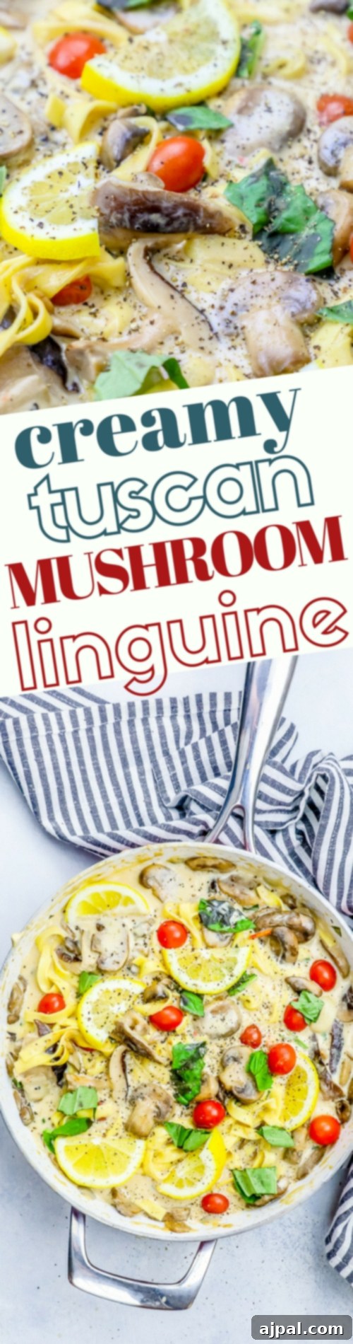 Silky One-Pot Tuscan Mushroom Linguine 8 One Pot Creamy Tuscan Mushroom Linguine skillet recipe in a close-up shot.