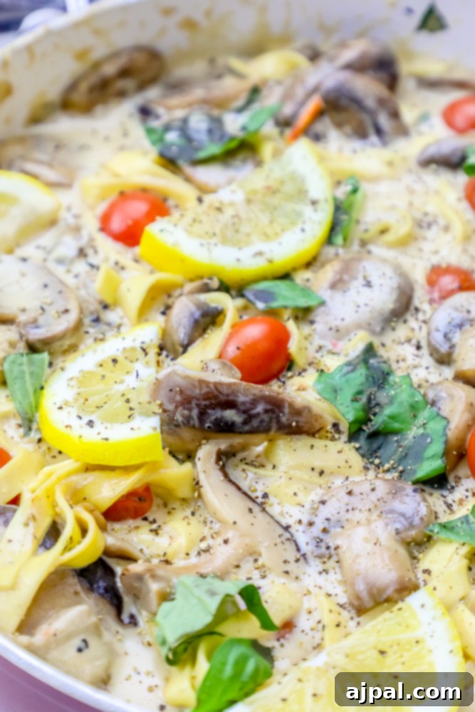 Silky One-Pot Tuscan Mushroom Linguine 4 One pot creamy mushroom pasta with herbs and tomatoes ready to serve.