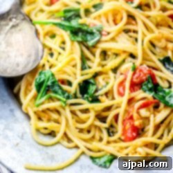A plate of spaghetti with spinach and tomatoes cooked in a one pot tuscan spaghetti style.