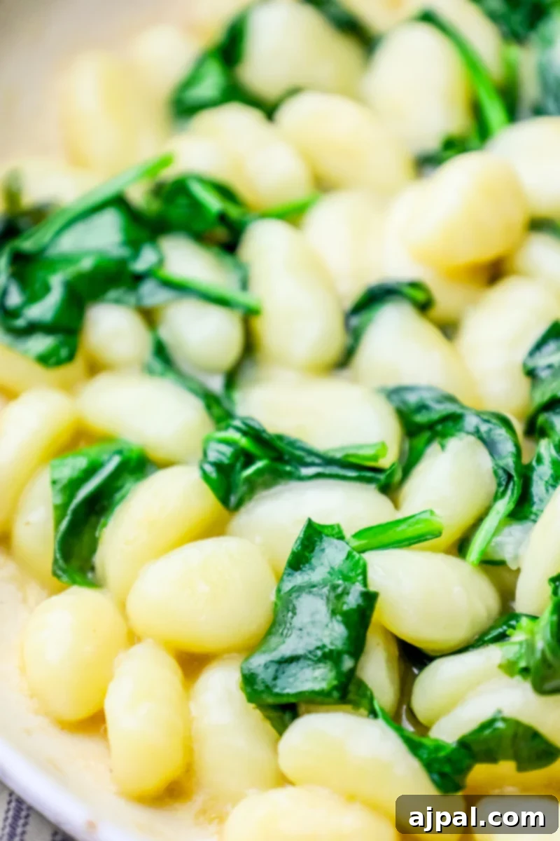 Delicate gnocchi pearls nestled among vibrant wilted spinach, generously coated in a rich, creamy Parmesan sauce, ready to be served.