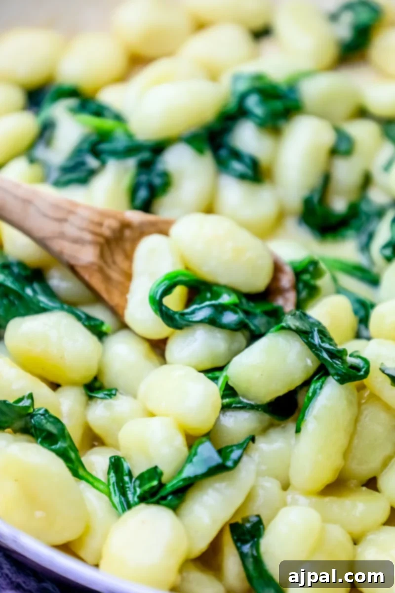 A bowl of creamy spinach parmesan gnocchi, garnished with fresh basil and extra grated Parmesan, ready to be enjoyed.