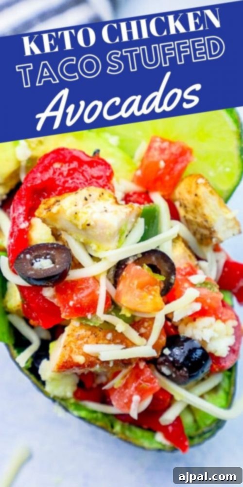 Loaded Cheesy Chicken Taco Salad Avocado Boats 7 A keto chicken taco avocado stuffed with peppers and olives.