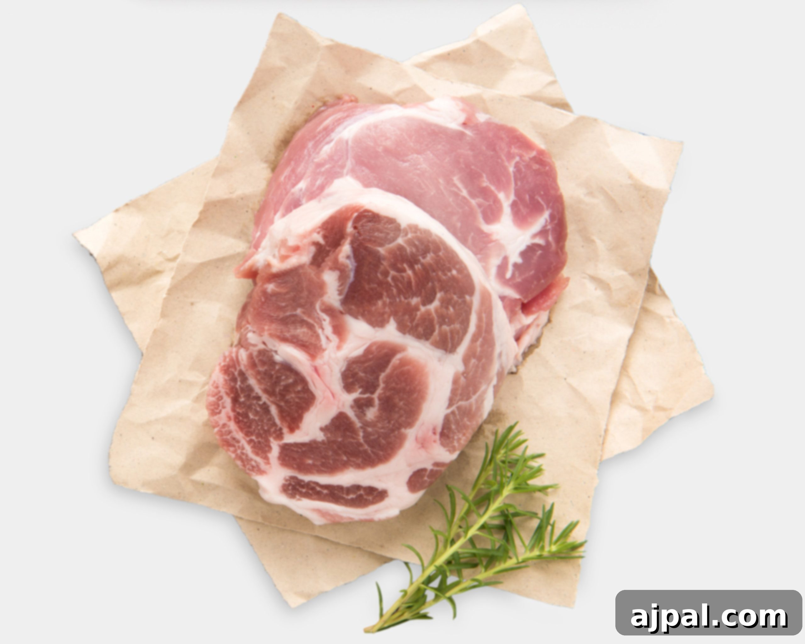 A thick pork sirloin chop with a slightly more varied texture, served on a piece of paper.