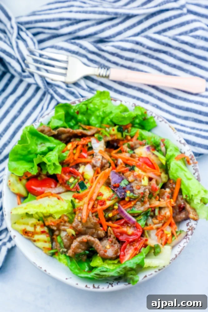 Fiery Thai Beef Salad 2 A beautifully arranged Spicy Thai Beef Salad featuring thinly sliced beef, crisp lettuce, vibrant carrots, and juicy tomatoes, all brought together with a zesty kimchi-inspired dressing.