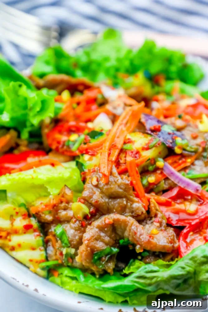 Fiery Thai Beef Salad 5 A beautifully presented Thai Beef Salad, featuring tender beef slices, fresh vegetables, and an aromatic dressing, on a plate, highlighting its appetizing appeal.