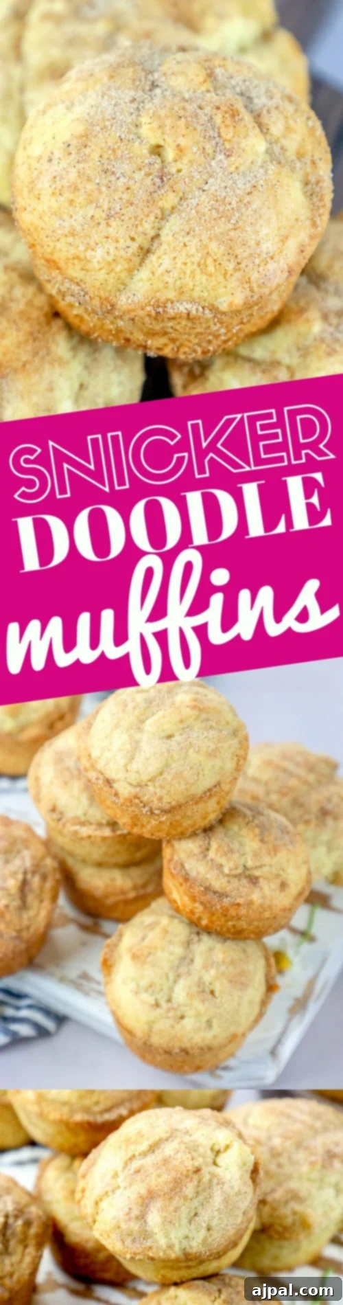 A tall, narrow image showing a pile of snickerdoodle muffins, capturing their cinnamon-sugar topping and moist texture, set against a warm kitchen backdrop.