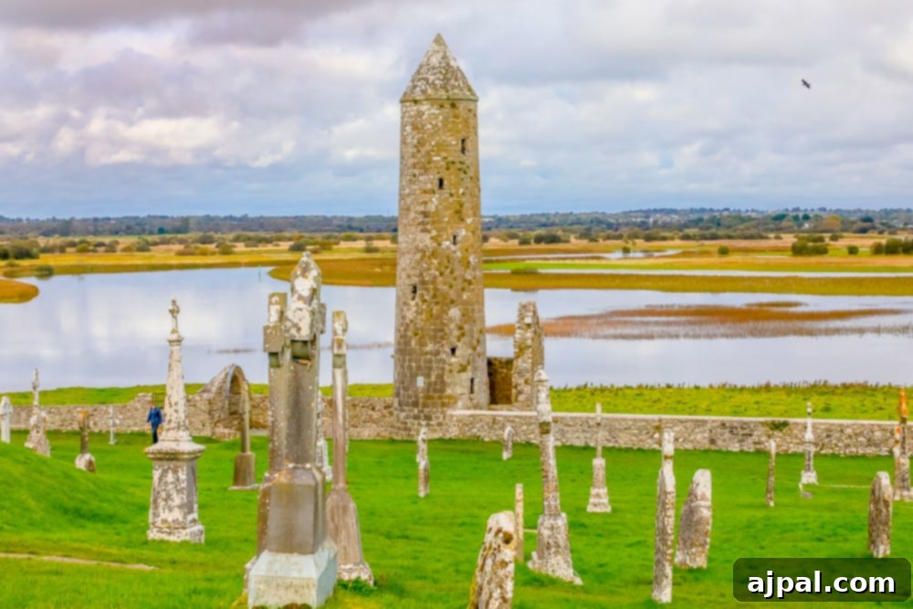 A tower in the middle of a graveyard, one of the early Christian sites in Ireland located in Athlone, Ireland’s Midlands.