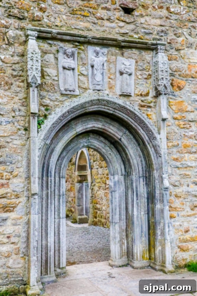 A stone archway leading into a stone building, one of the early Christian sites in Ireland found in Athlone, Ireland’s Midlands.