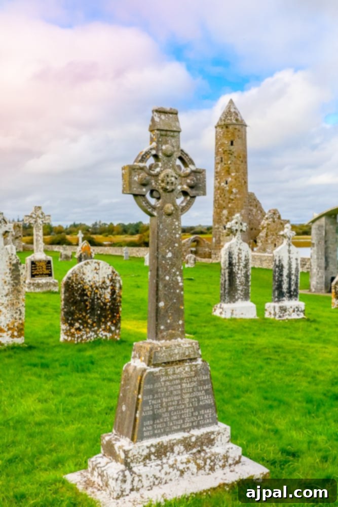 A historical cross standing in the grassy plains of Clonmacnoise, an early Christian site near the Shannon River in Ireland.