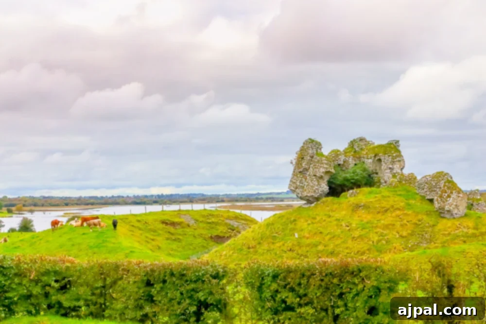 A castle on a hillside with cows grazing in the grass, showcasing the scenic beauty of Ireland’s Midlands.
