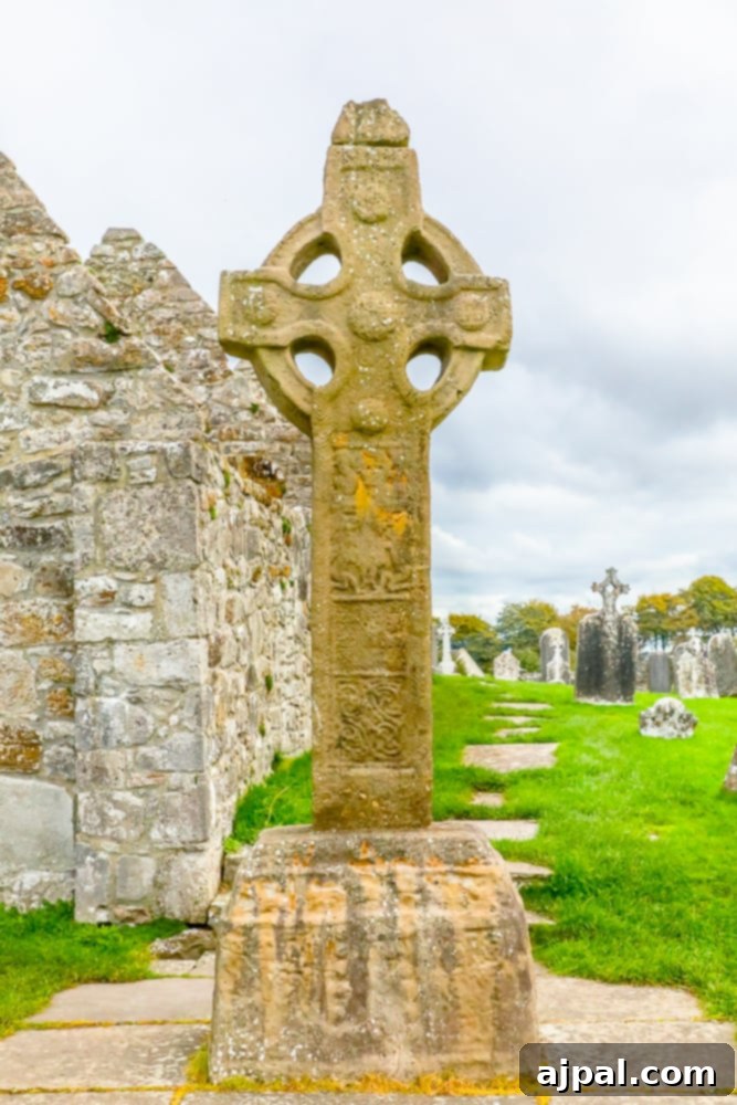 A stone cross in the middle of a grassy field at Clonmacnoise, one of the early Christian sites in Ireland near Athlone.