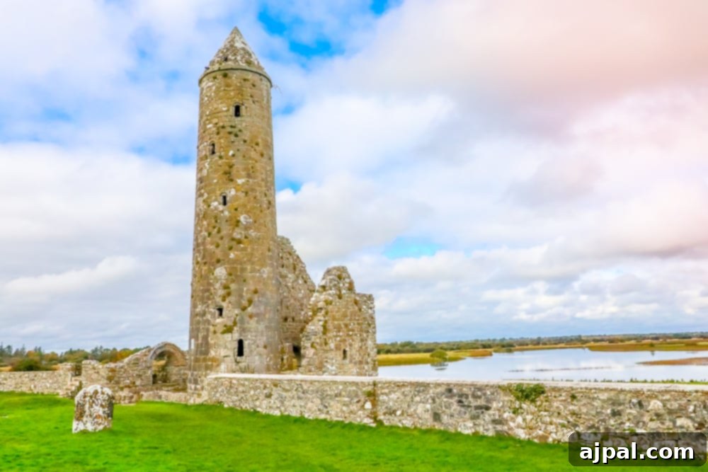 A stone tower in the middle of a grassy field, located near the Shannon River in Ireland’s Midlands region, offering one of the top things to do in Athlone.