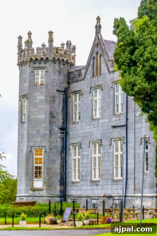 A large castle surrounded by green lawns in Ireland’s Midlands, near Athlone.