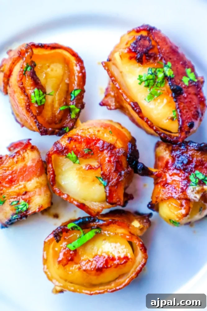 Picture of perfectly seared brown sugar bacon wrapped scallops on a white plate, garnished with fresh chopped parsley, showcasing their golden-brown crust