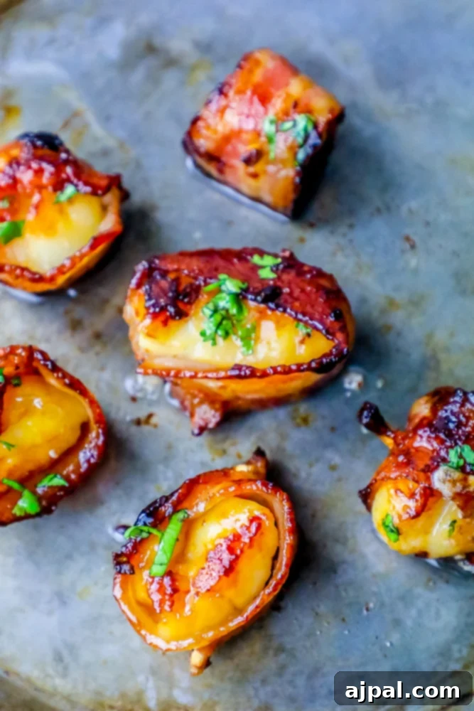 A close-up picture of golden brown sugar glazed bacon wrapped scallops on a white plate, ready to be served and enjoyed