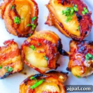 picture of bacon wrapped scallops with a brown sugar glaze topped with chopped parsley