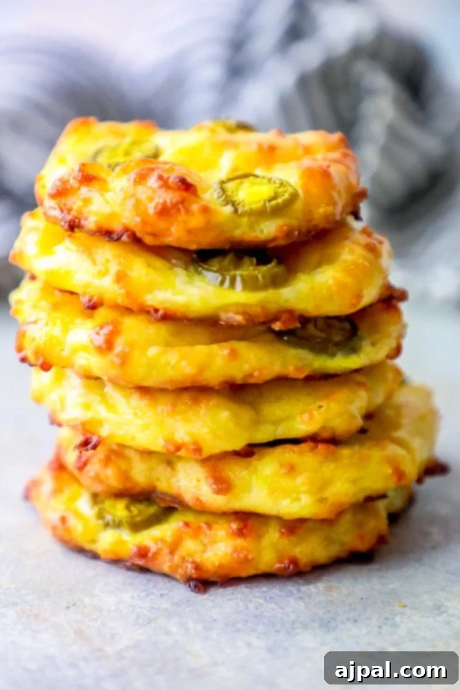 4 Ingredient Keto Jalapeno Cheese Loaf 6 A tempting stack of golden cheese rolls, perfectly baked and dotted with vibrant green jalapenos.