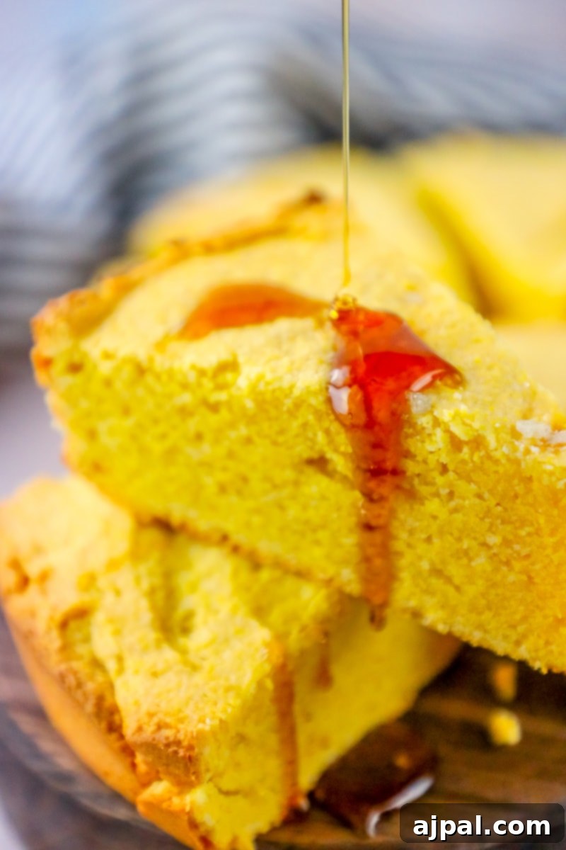 A golden slice of moist cornbread with honey drizzling over it, showcasing the perfect texture.