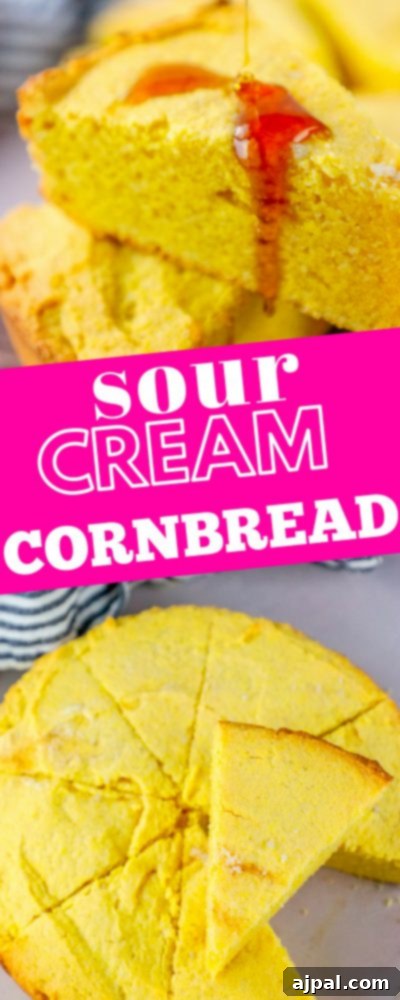 A perfectly baked sour cream cornbread with a slice removed, revealing its moist interior.