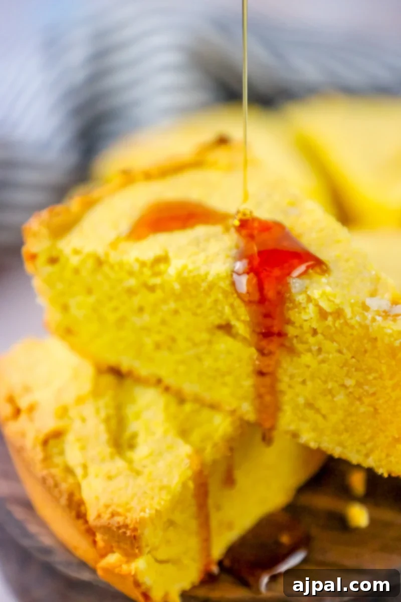 A slice of Easy Sour Cream Cornbread being drizzled with honey, ready to serve.