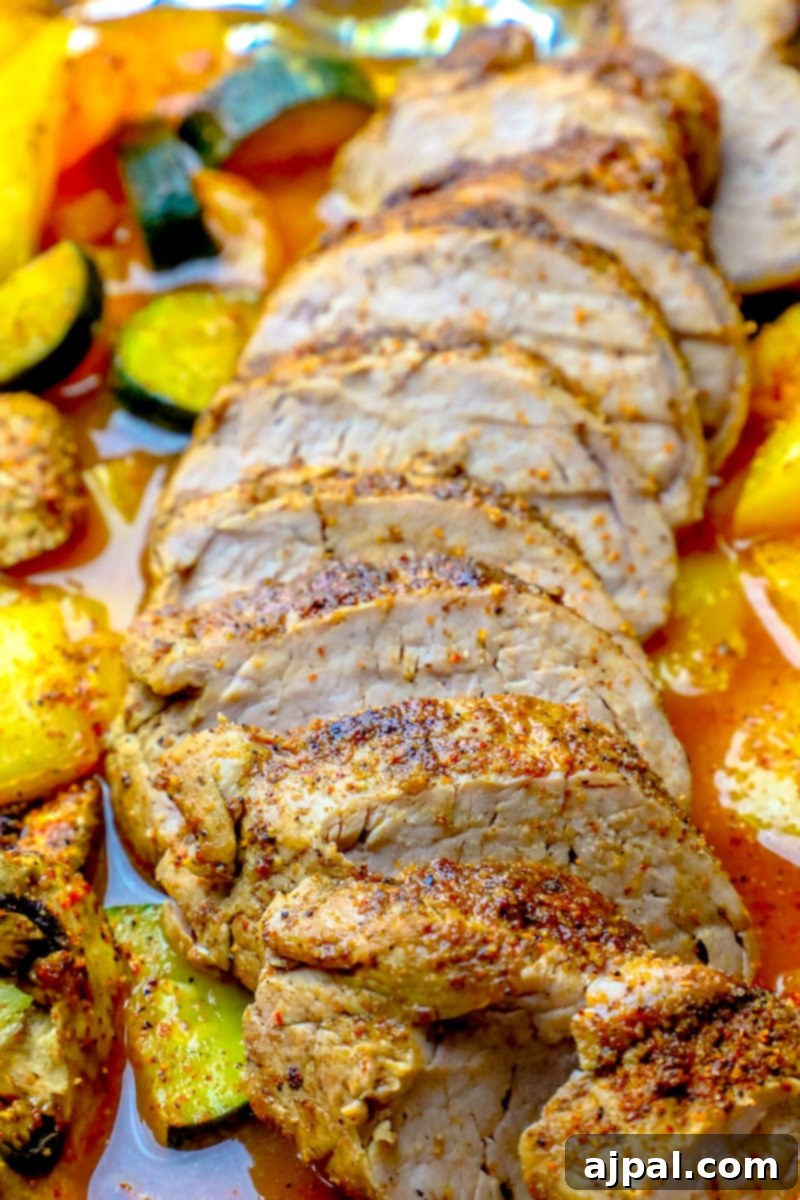 picture of sliced pork tenderloin with cajun seasoning on a baking tray with vegetables.