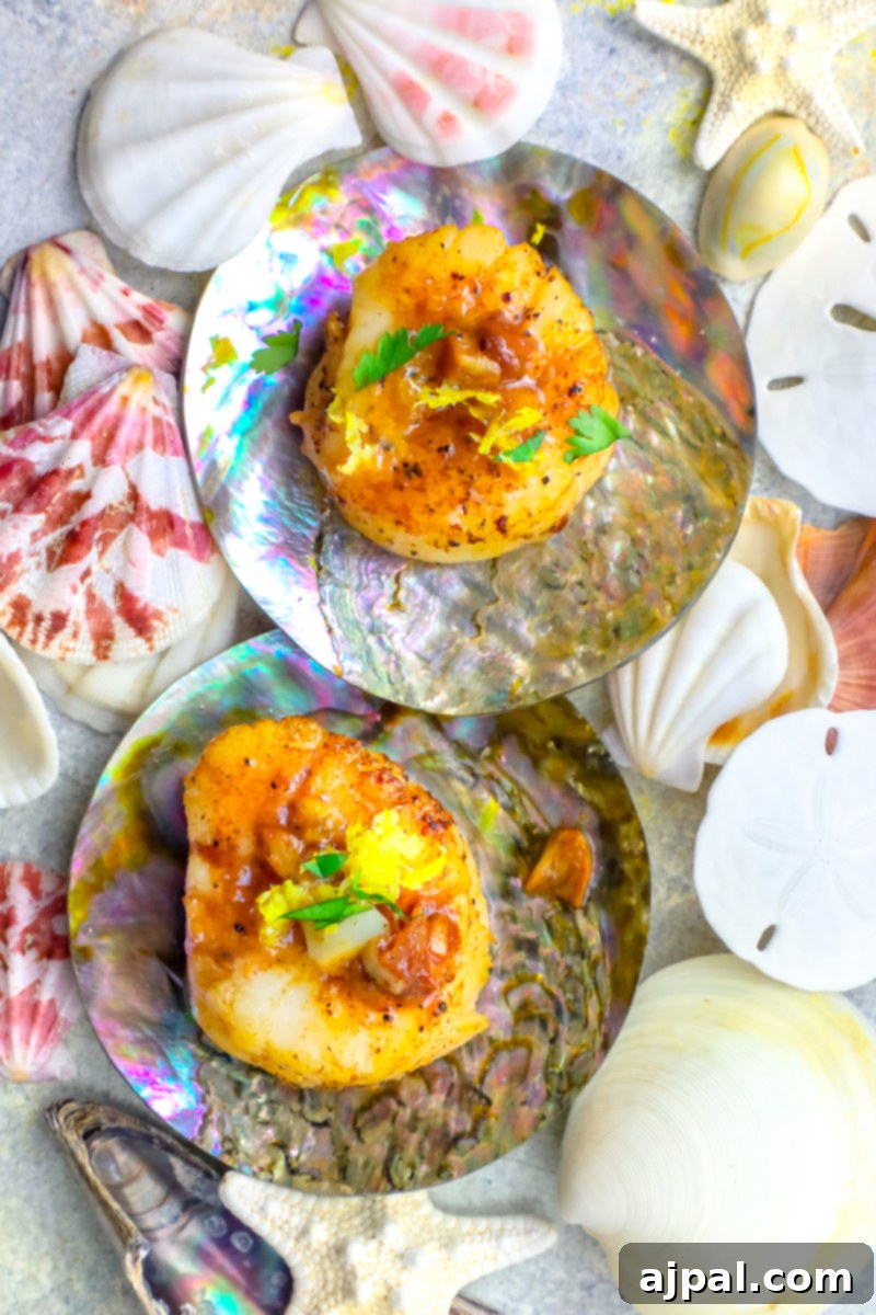 Beautifully cooked lemon garlic scallops arranged on a plate with shells and seashells as garnish.