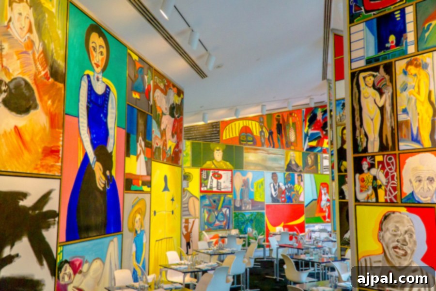 A Kansas City restaurant adorned with an abundance of paintings on the walls.