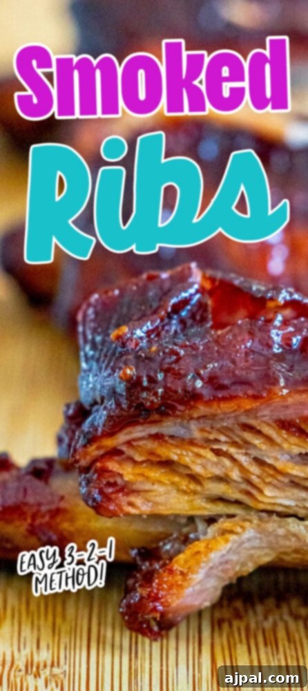 A close-up of beautifully smoked 3-2-1 ribs on a cutting board, ready for slicing and serving.