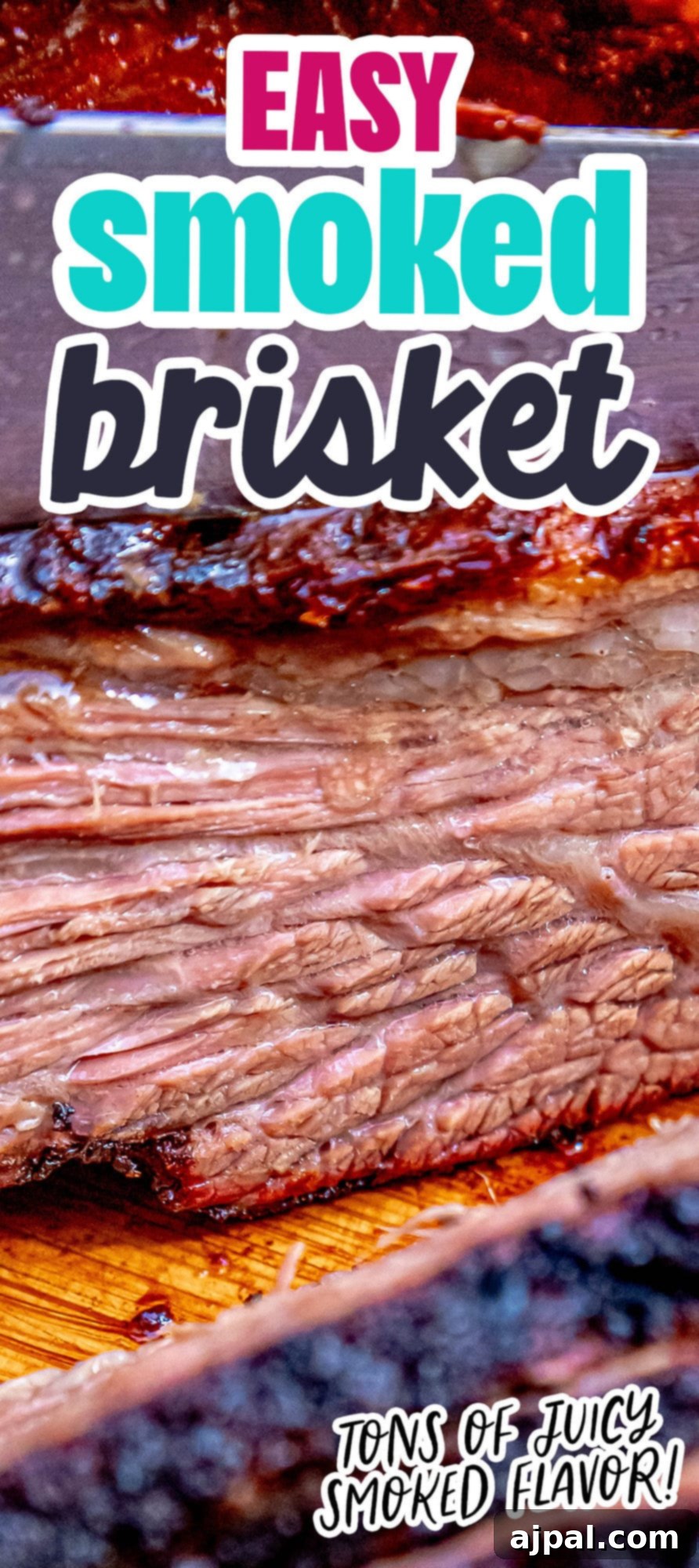 Sliced smoked brisket on a wood cutting board, showcasing a beautiful smoke ring and juicy interior, with a fork ready to serve.