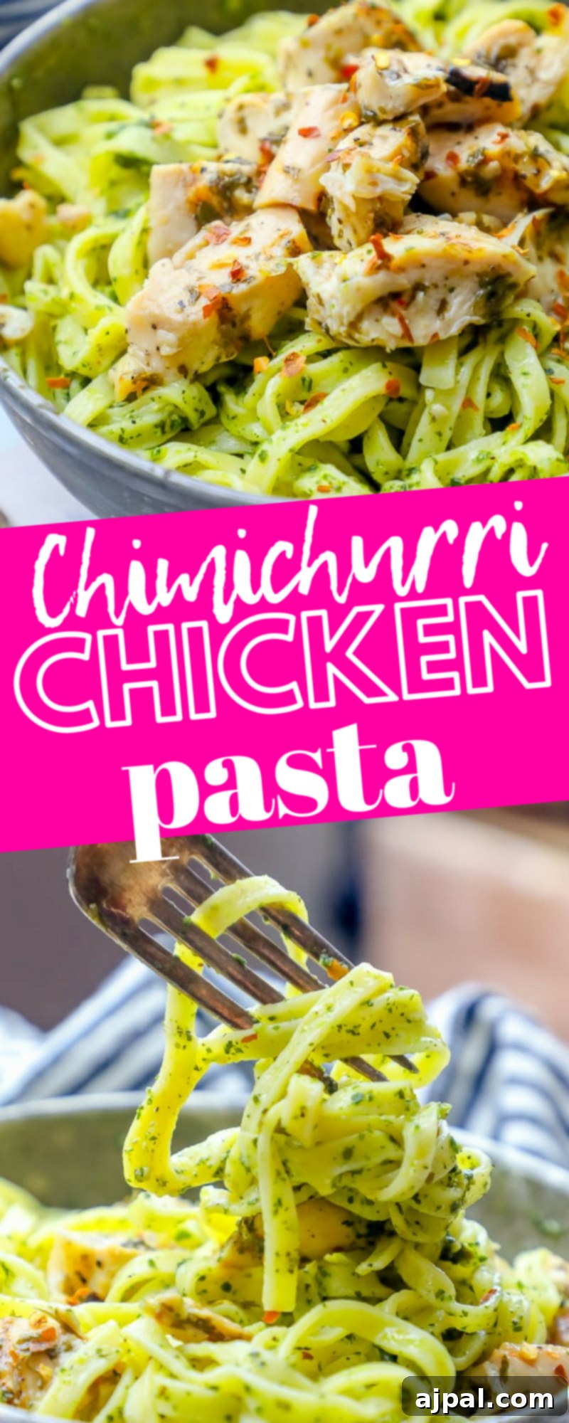 A vibrant bowl of chimichurri chicken linguine, garnished with fresh parsley and a fork, highlighting the delicious textures.